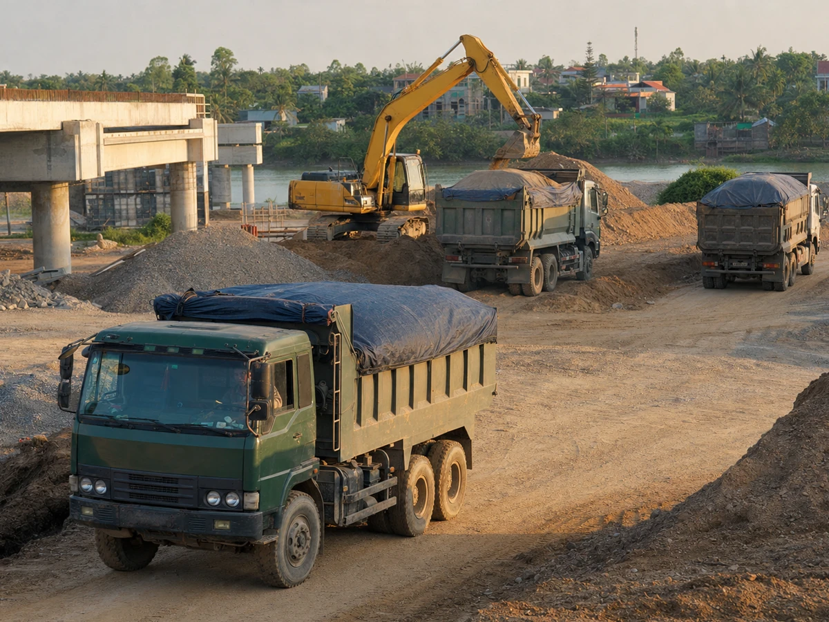 Đội xe ben chở vật liệu trên tuyến nội bộ của công trường hạ tầng