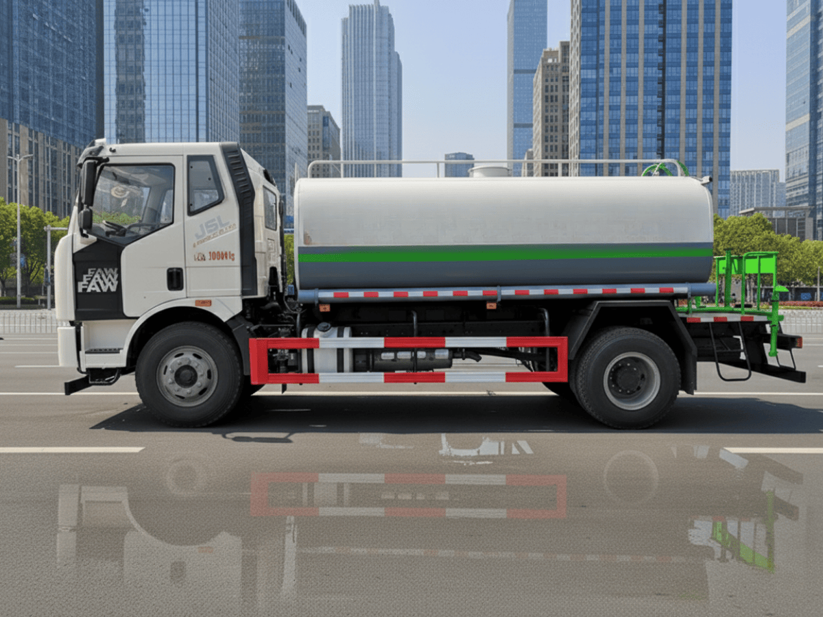 Tổng thể xe bồn phun nước FAW 14 khối màu xanh