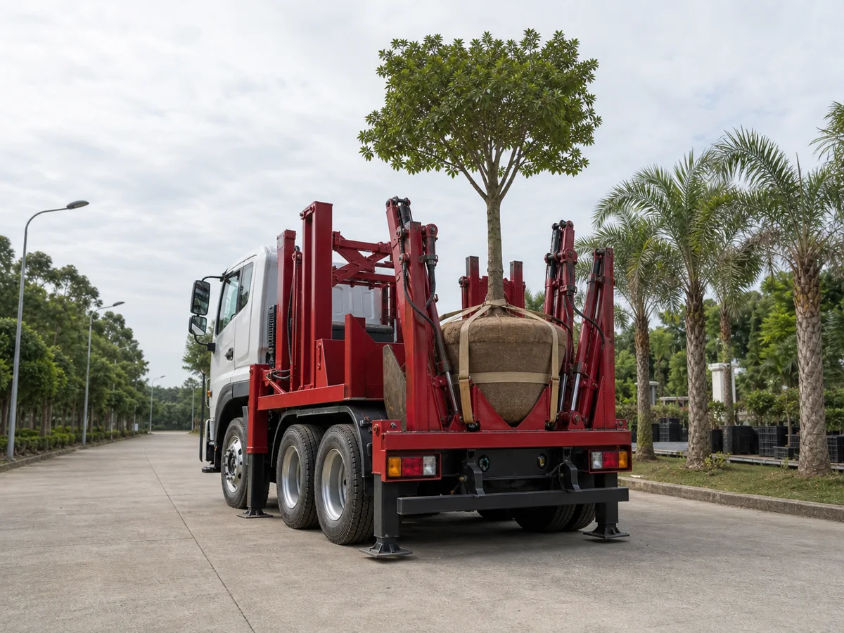 Xe bứng cây vận chuyển cây cùng bầu rễ đã cố định