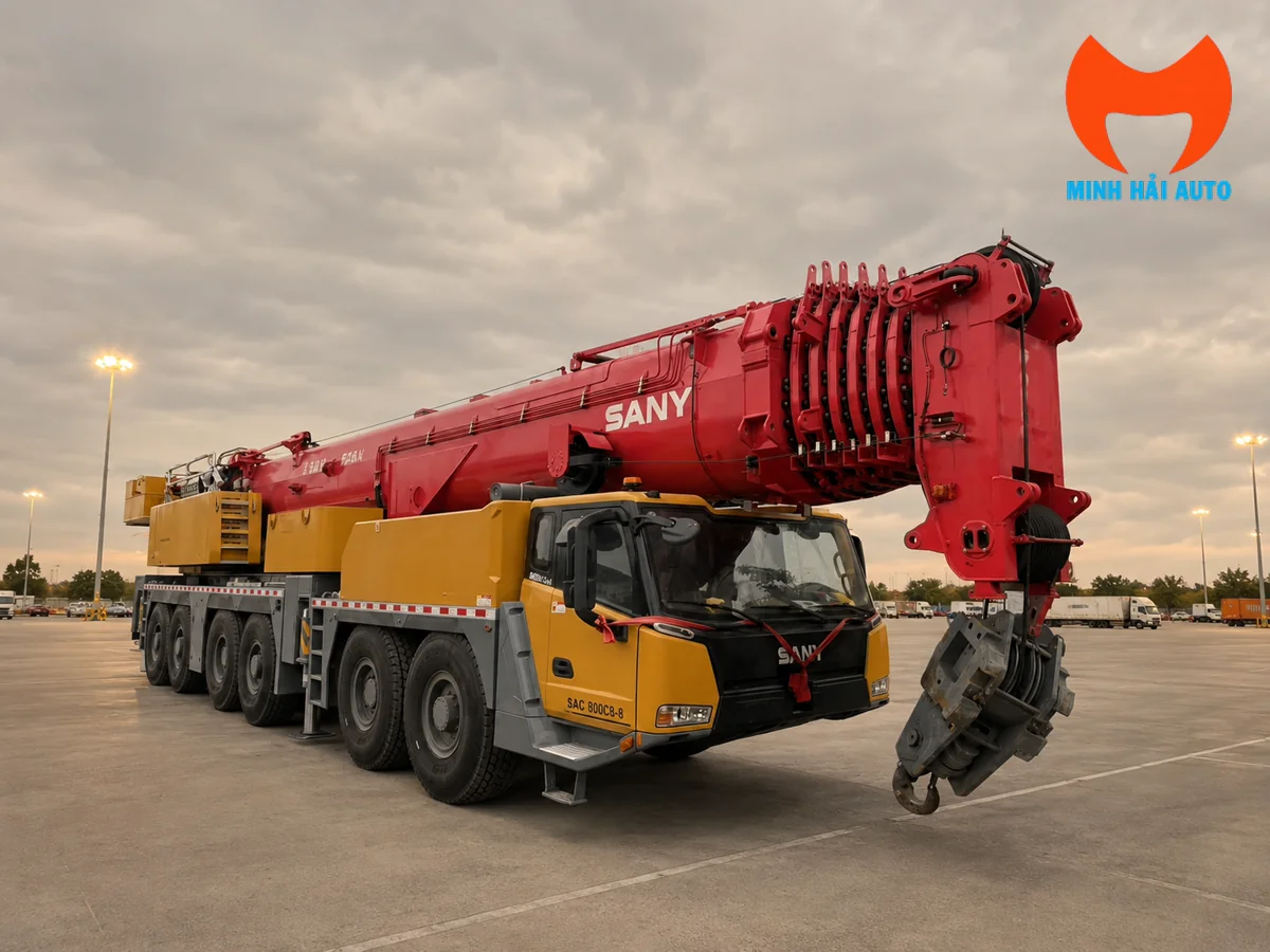 Xe cẩu bánh lốp làm việc tại công trường xây dựng
