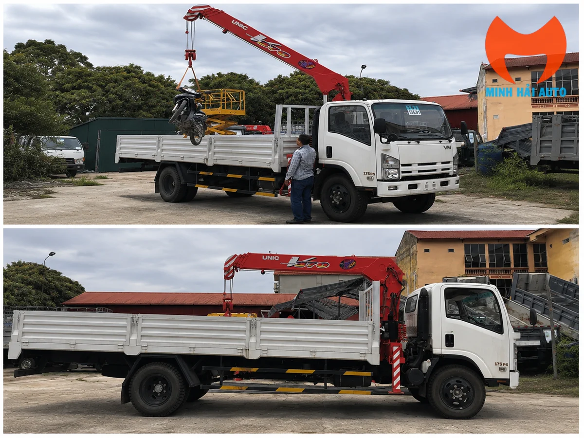 Xe cẩu thùng Isuzu Vĩnh Phát gắn cẩu Unic 3 tấn URV374 nhìn tổng thể