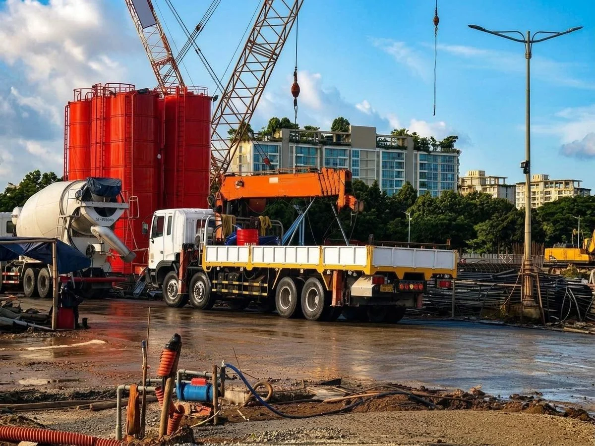 Xe cẩu tự hành làm việc trong công trường xây dựng