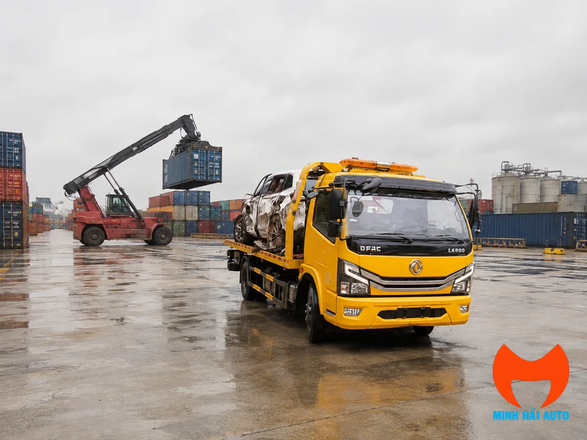 Xe cứu hộ giao thông chở xe hư hỏng trên sàn