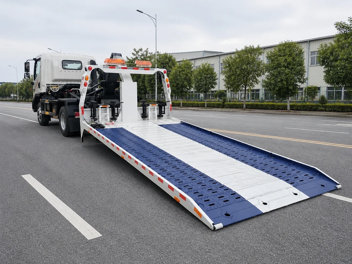 Sàn trượt xe cứu hộ giao thông đang hạ xuống mặt đường