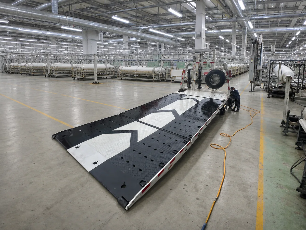 Kiểm tra sàn trượt xe cứu hộ trong nhà xưởng dệt Sàn xe cứu hộ hạ thấp trong nhà xưởng dệt để kiểm tra