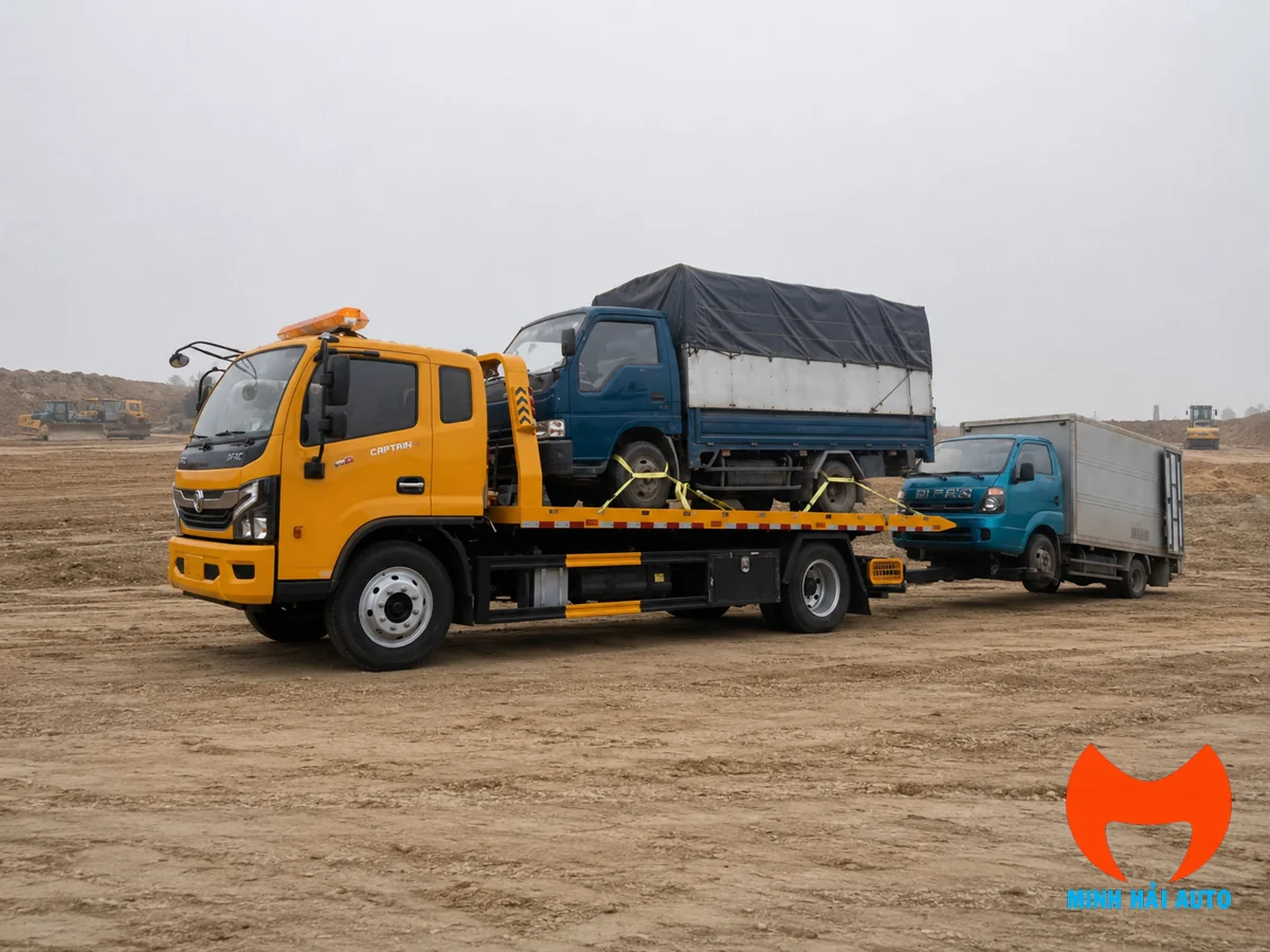 Xe cứu hộ sàn trượt kéo chở xe tải tại công trường