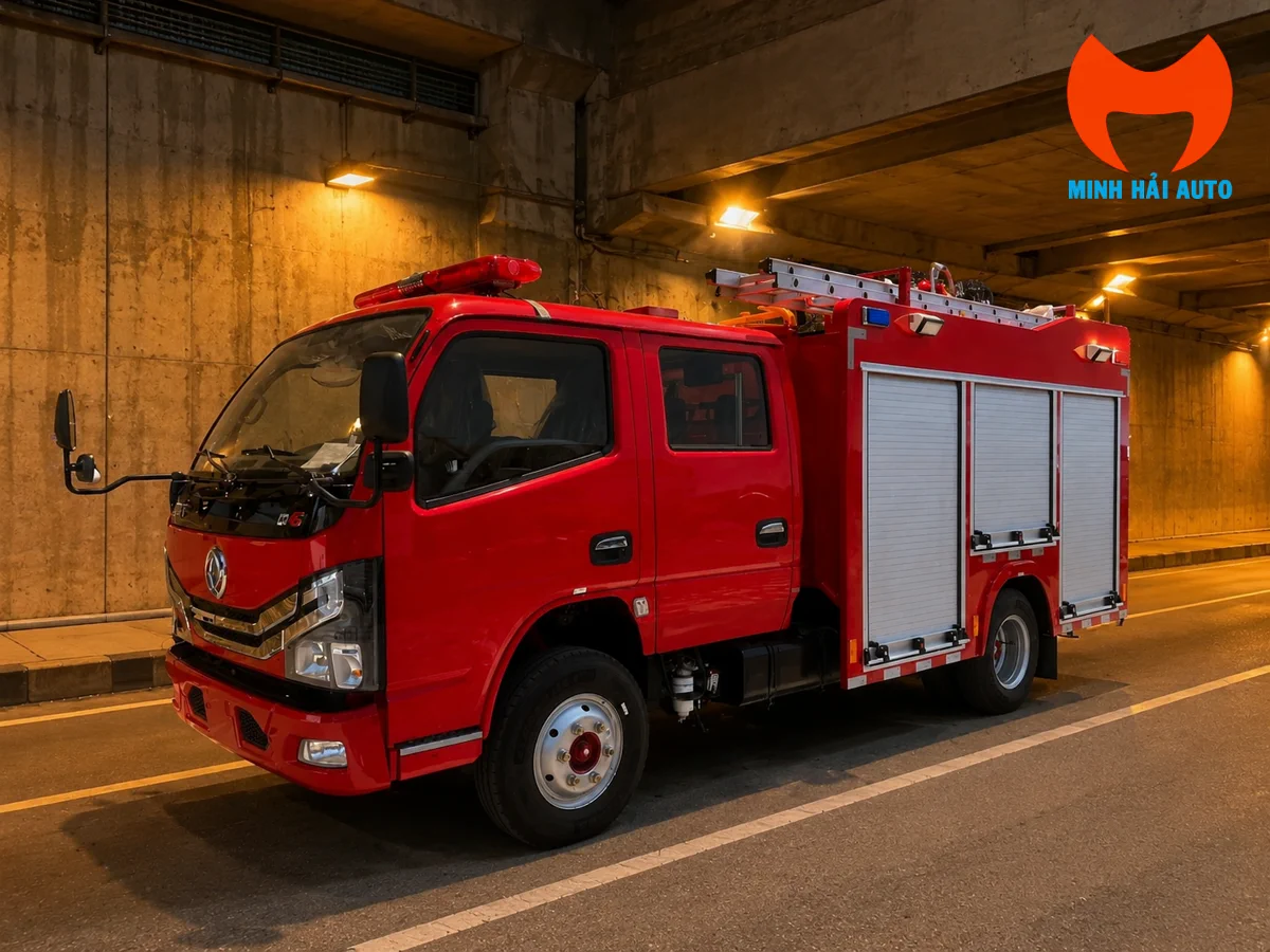 Xe cứu hỏa cabin kép cỡ nhỏ với khoang thiết bị cửa cuốn hai bên