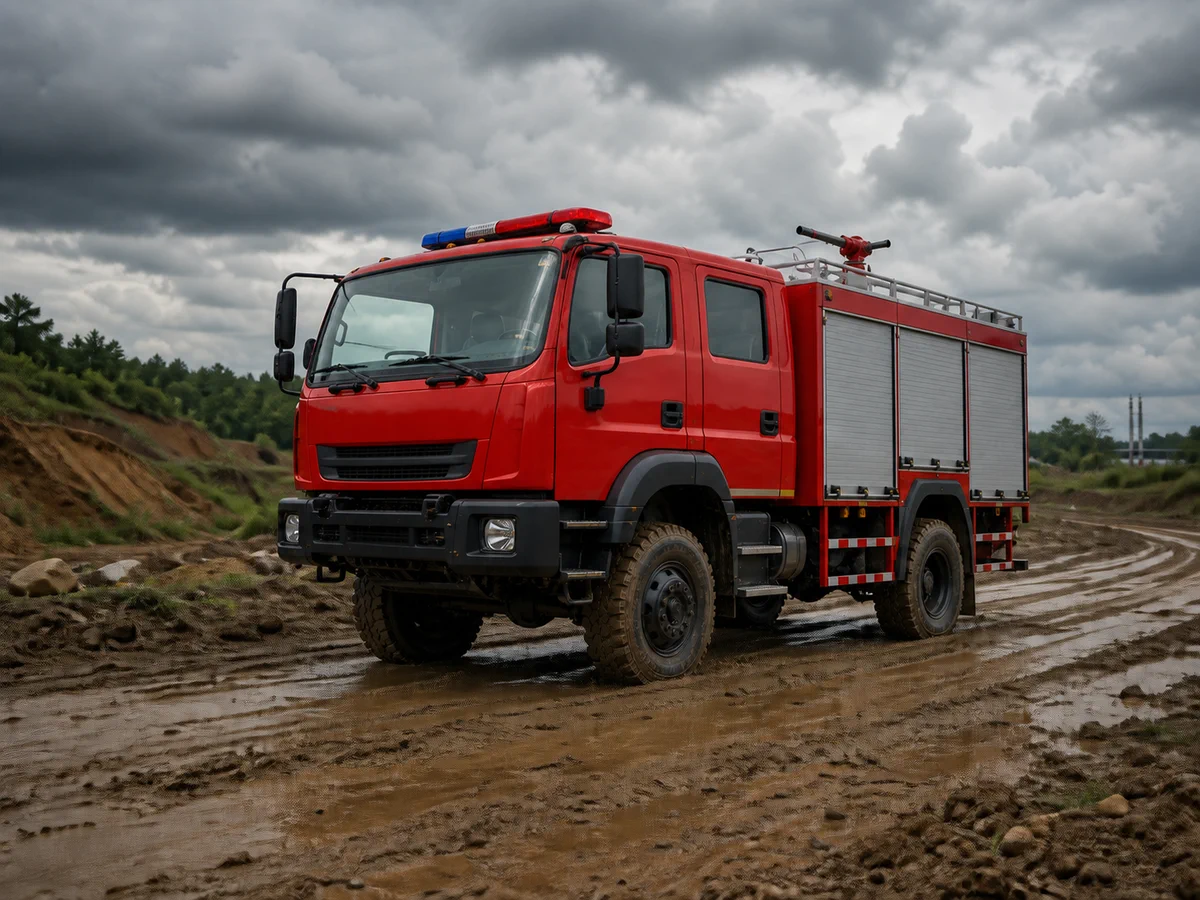 Xe cứu hỏa dẫn động bốn bánh trên đường lầy sau mưa