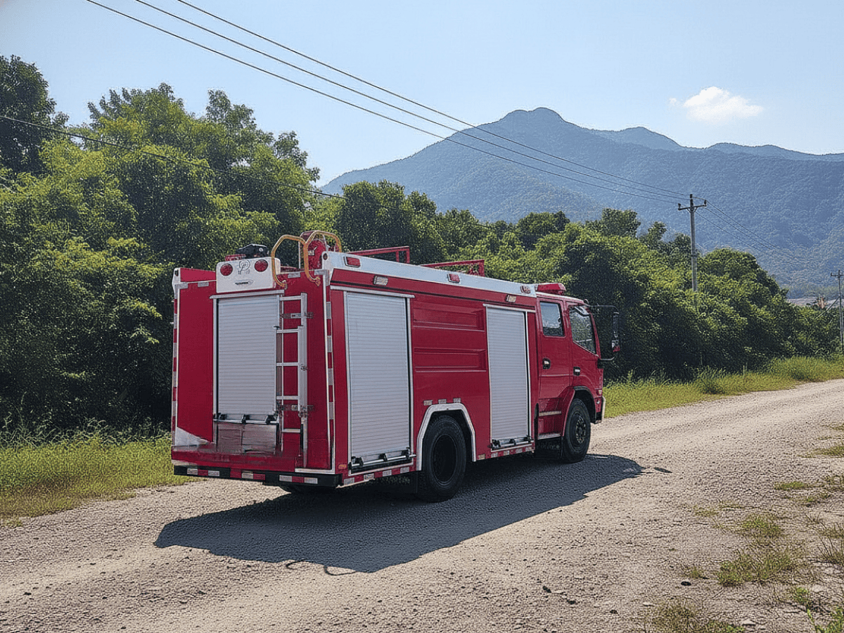 Xe cứu hỏa Dongfeng 5 khối màu đỏ đang đậu tại showroom Minh Hải Auto