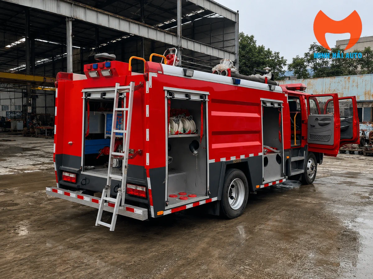 Xe cứu hỏa Dongfeng 5 khối nhìn từ phía sau với các khoang thiết bị đang mở