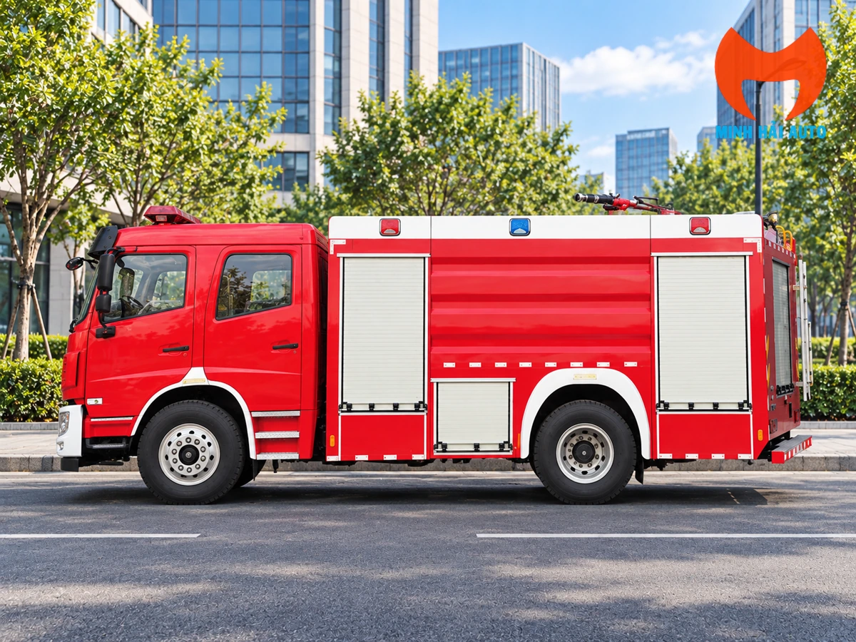 Cạnh bên xe cứu hỏa với dãy cửa cuốn khoang thiết bị đang đóng và lăng phun lắp trên nóc thùng