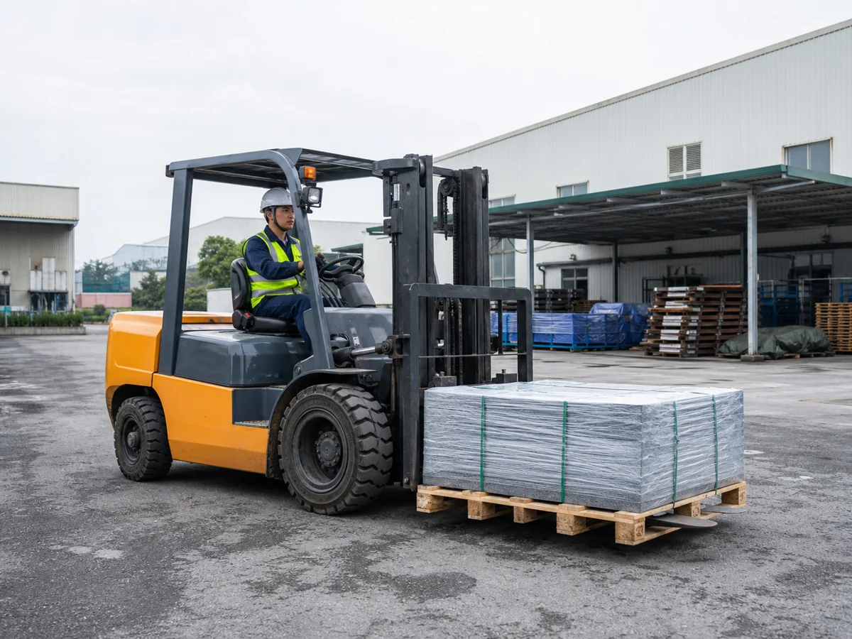 Xe nâng dầu làm việc tại bãi hàng ngoài trời ở Hà Nội