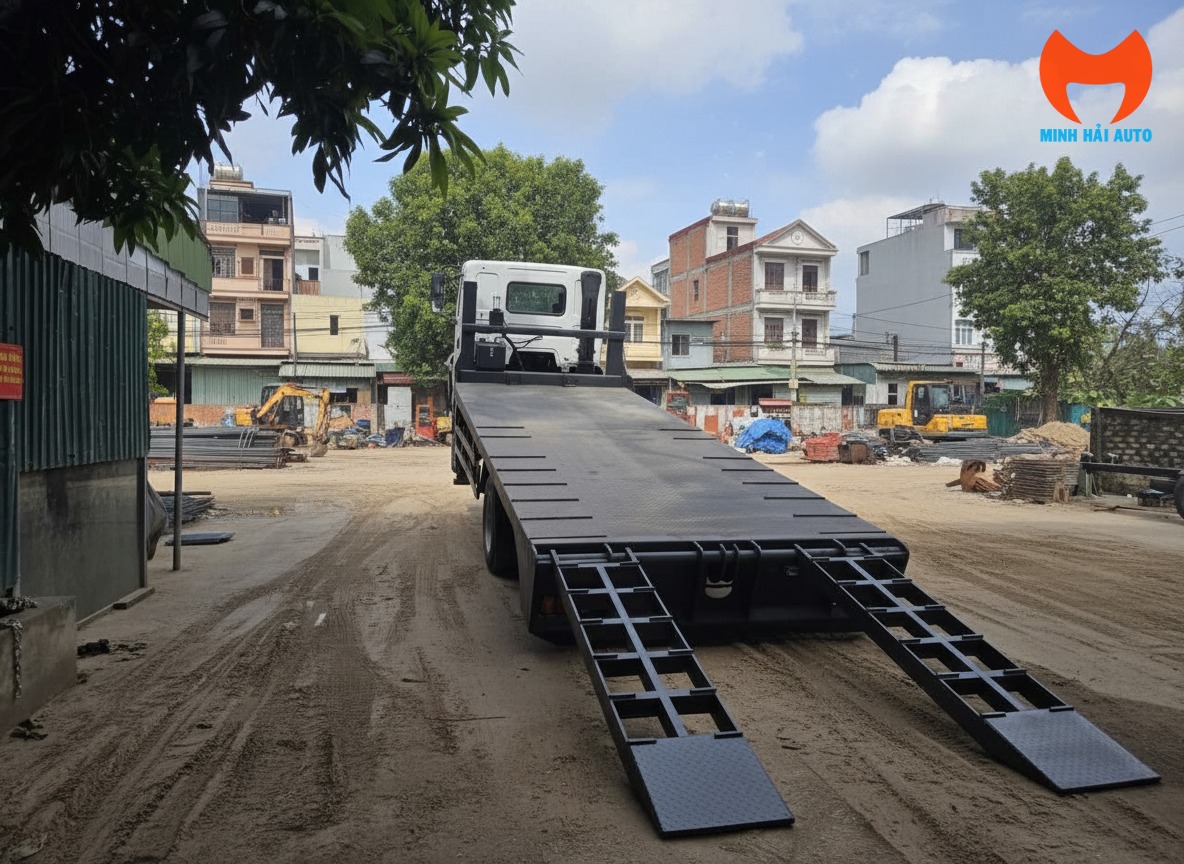 Xe nâng đầu Chenglong L3 đang vận chuyển máy xúc công trình.