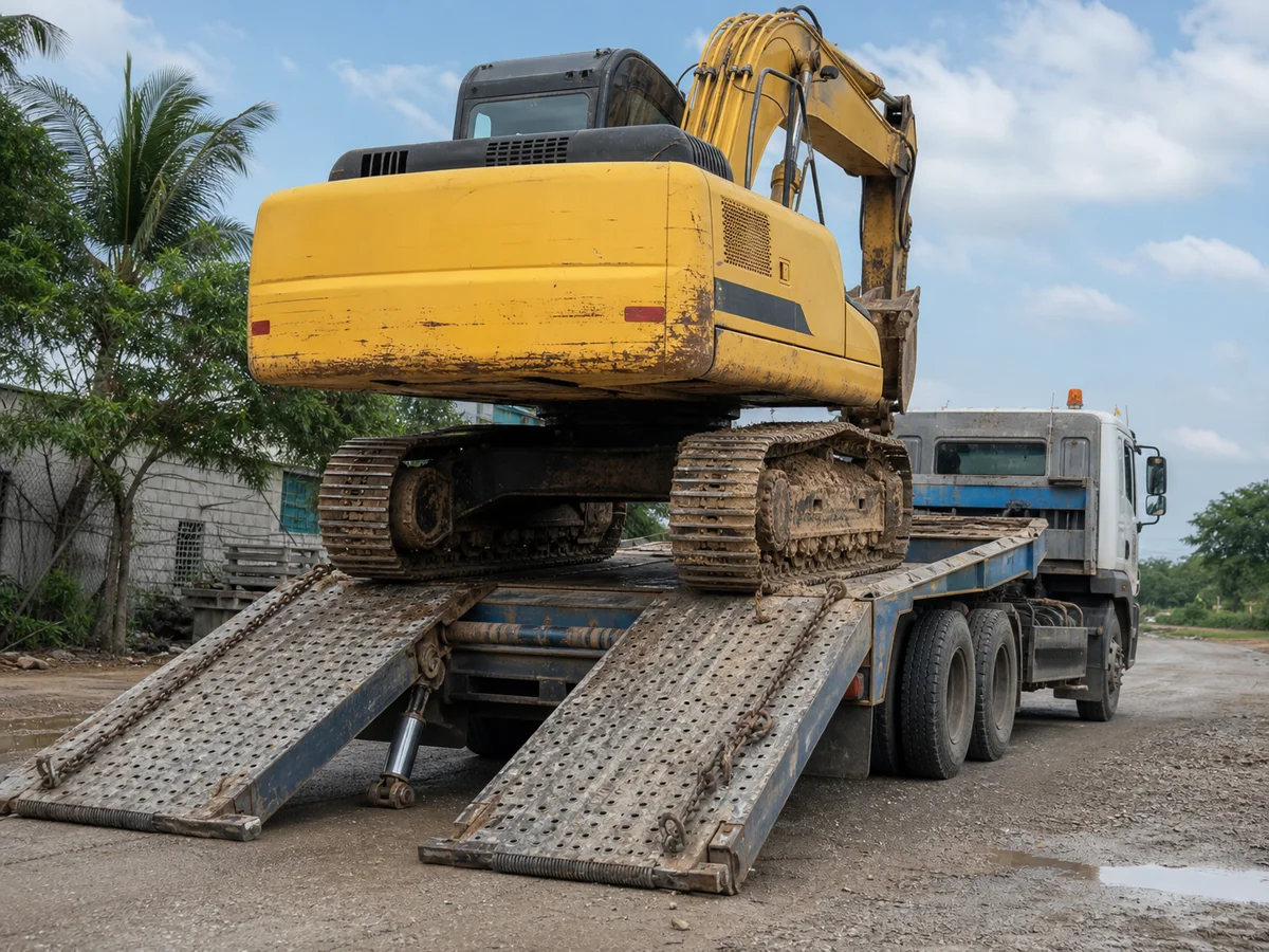 Máy xúc bánh xích leo lên sàn xe nâng đầu chở máy công trình qua cầu dẫn thép