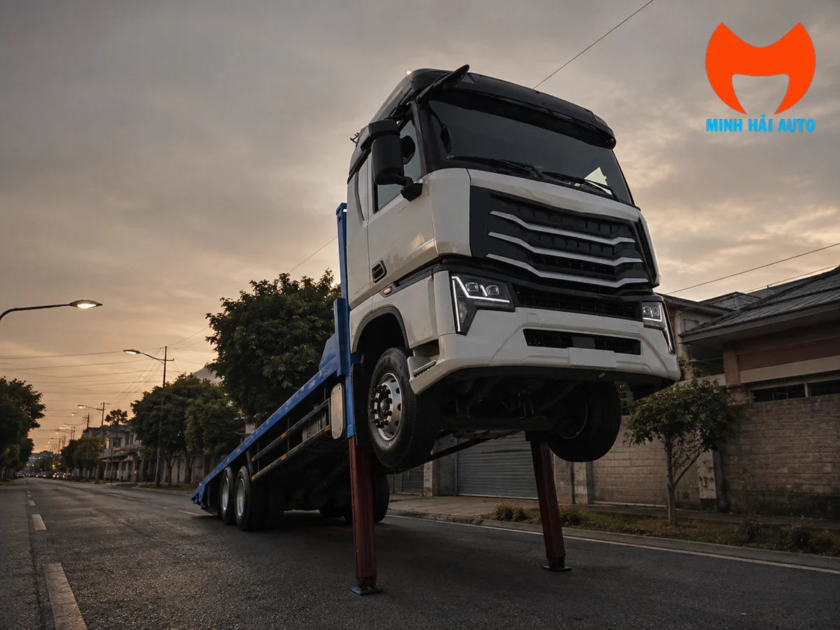 Xe nâng đầu Howo hạ dốc để đưa máy công trình lên sàn