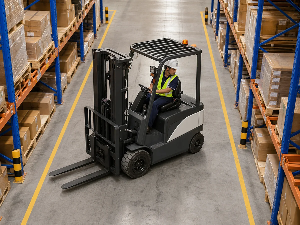 Xe nâng điện quay trong lối kệ kho hẹp tại Hà Nội