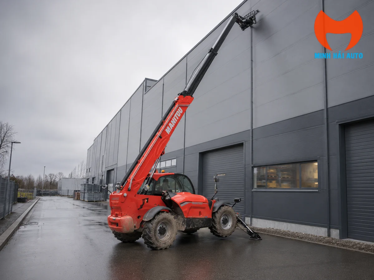 Xe nâng Manitou nâng pallet vật liệu trong bối cảnh công nghiệp