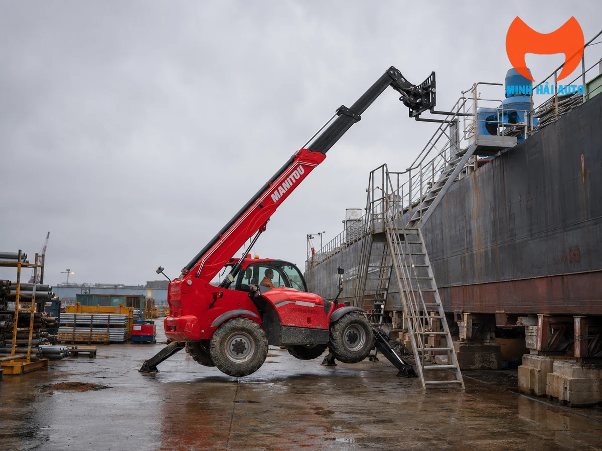 Telehandler Manitou vươn cần trong khu vực công nghiệp
