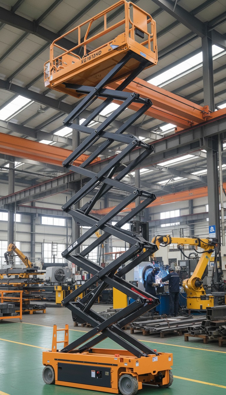 Xe nâng người cắt kéo 16m XCMG XG1612HD chạy điện đang ở trạng thái nâng cao sàn làm việc 15.7m.