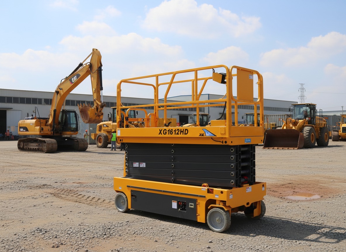 Xe nâng người cắt kéo 16m XCMG XG1612HD đang làm việc trong nhà máy công nghiệp