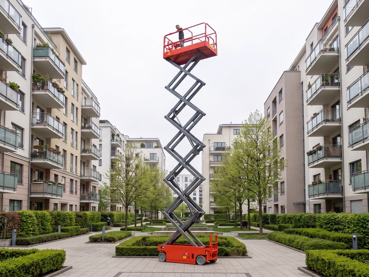 Xe nâng người cắt kéo tầm cao đang làm việc