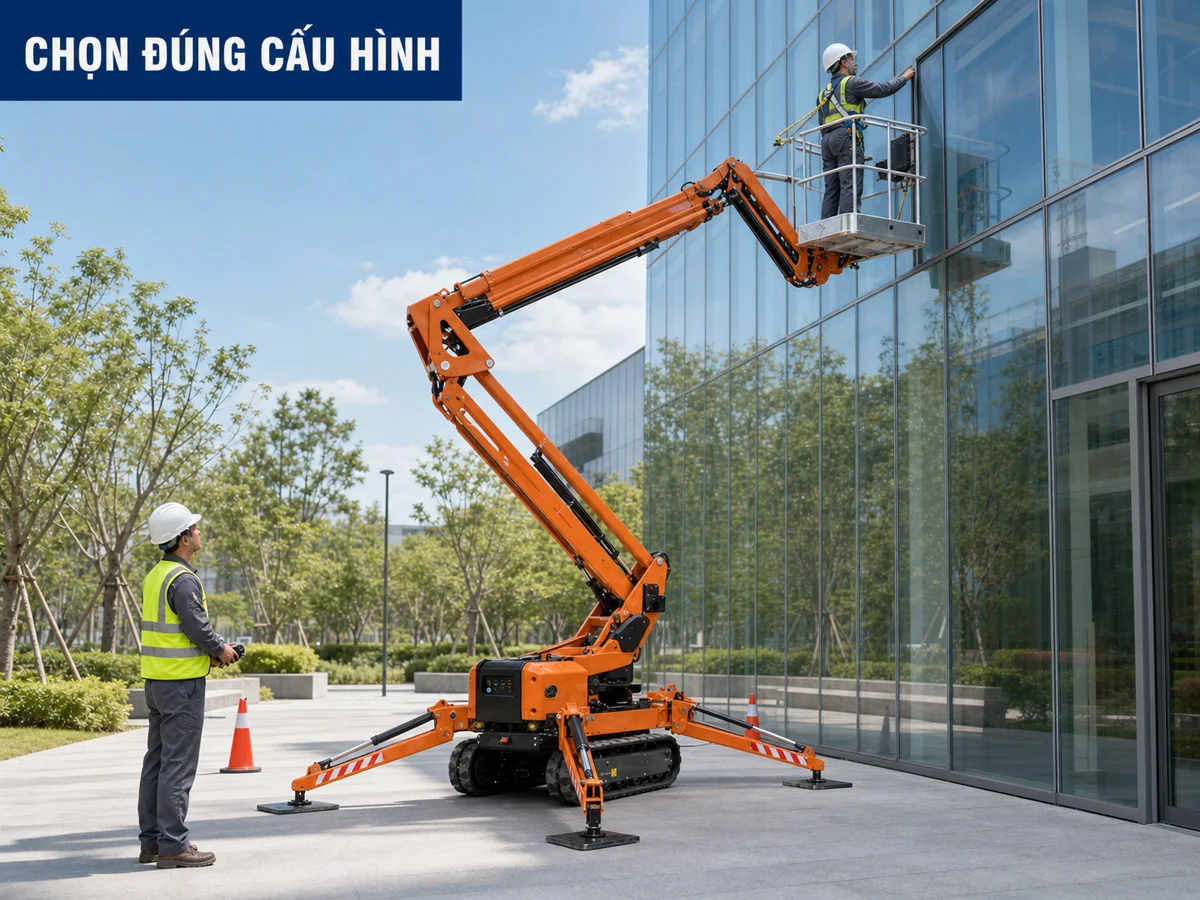 Chọn cấu hình xe nâng người theo vùng làm việc Xe nâng người chân nhện làm việc tại mặt dựng kính