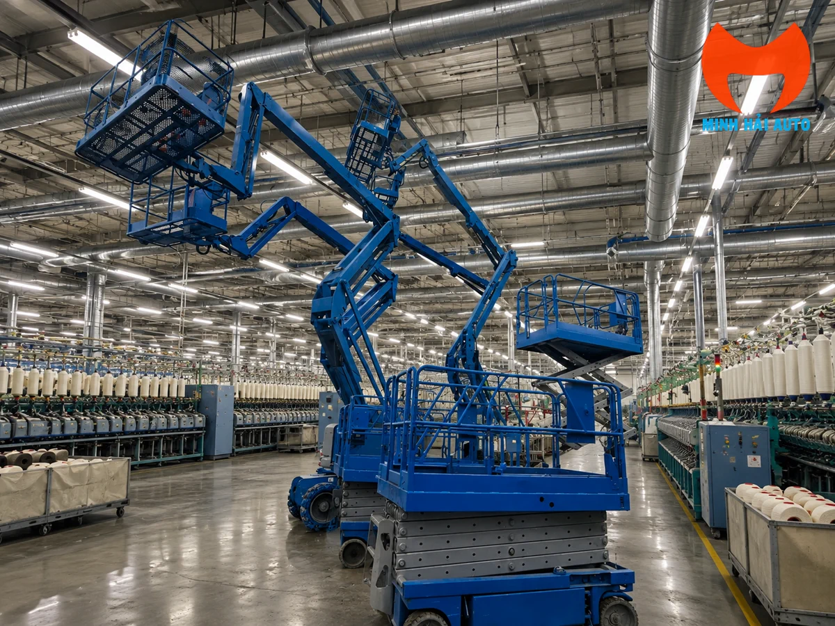 Xe nâng người cắt kéo và cần gấp làm việc trong nhà xưởng