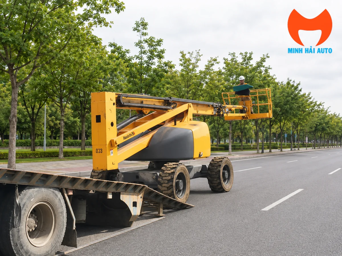Xe nâng người Z-boom 20m ở trạng thái thu gọn tại công trường