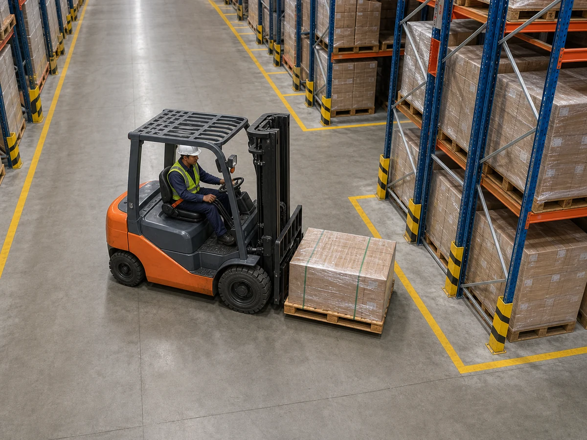 Xe nâng quay vuông góc để đưa pallet vào kệ kho