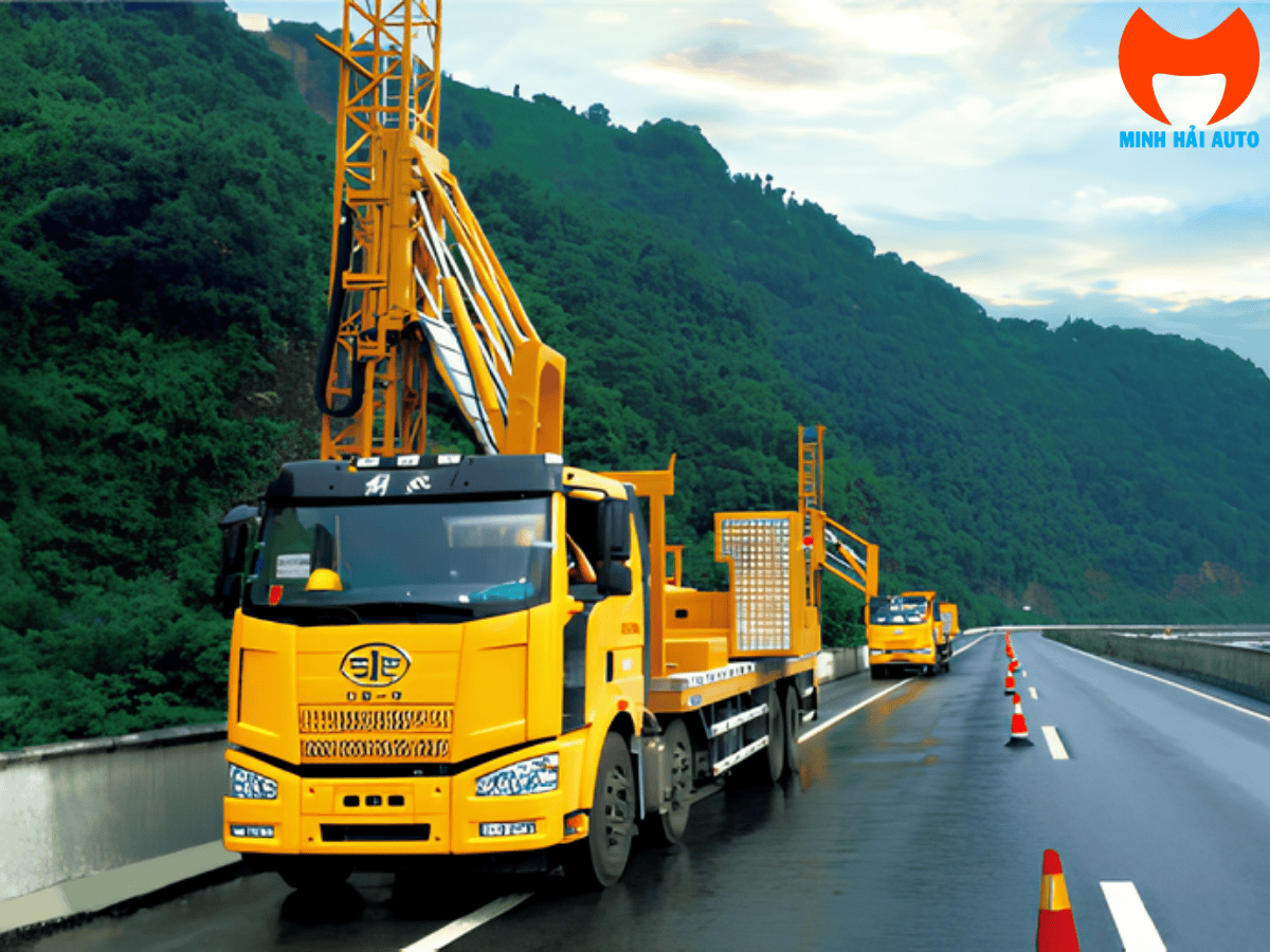 Xe o to nang nguoi kiem tra cau FAW CA5250 dang vuon can duoi gam cau