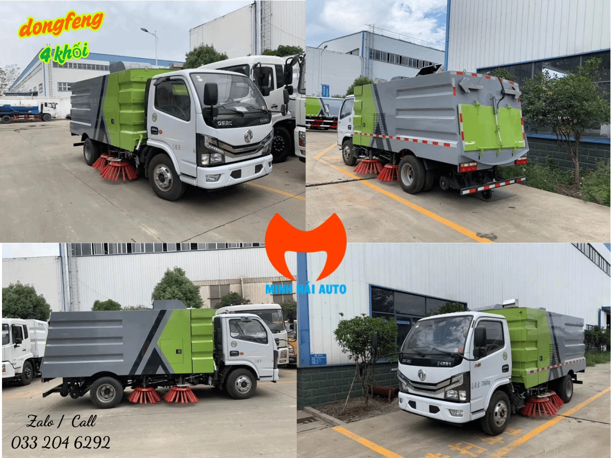 Bốn góc nhìn xe quét đường Dongfeng 4 khối: chéo trước, chéo sau, ngang thân và chính diện đầu xe