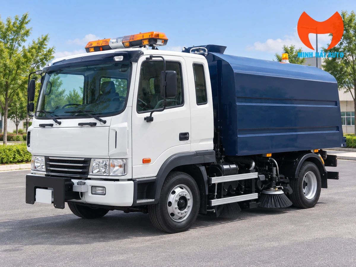 Xe quét đường Hyundai 4 khối góc 3/4 với thùng chuyên dùng và chổi quét bên hông