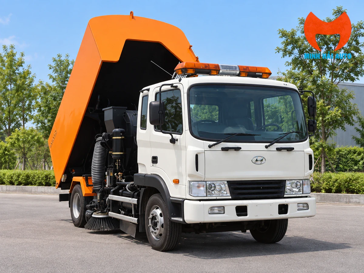 Xe quét đường Hyundai 4 khối nâng thùng, lộ khoang chứa và cụm hút phía sau cabin