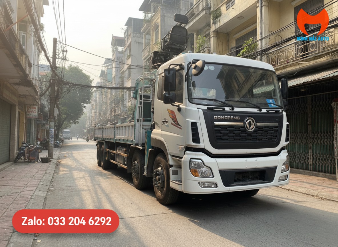 Xe tải 6x4 (3 chân) màu trắng được lắp đặt cẩu tự hành 8 tấn Hyundai Everdigm HLC-8016 màu đỏ.