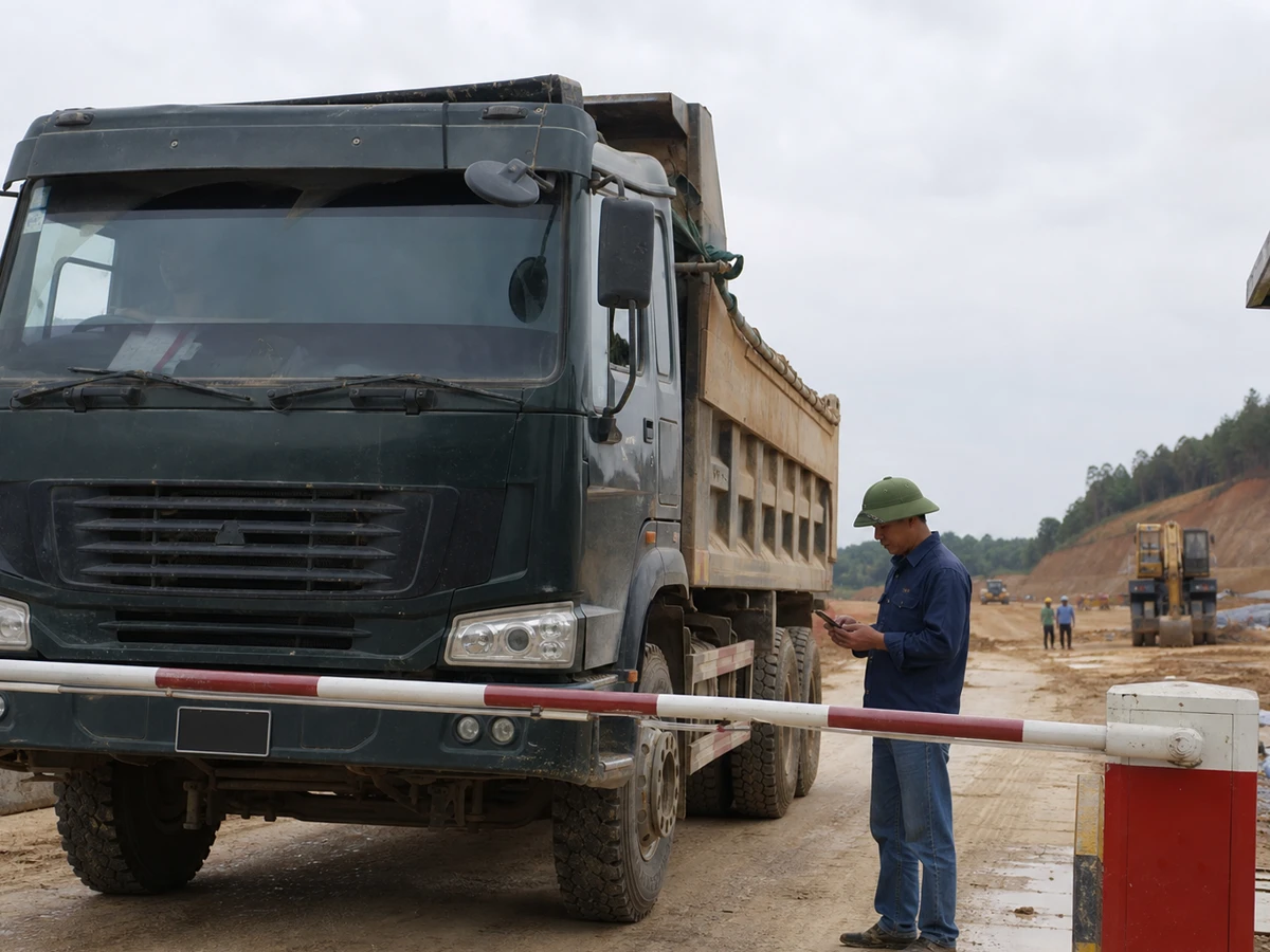 Xe tải ben tại cổng công trường khi người lái kiểm tra hồ sơ trên điện thoại
