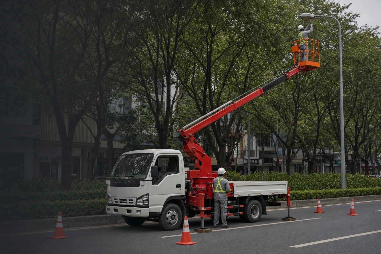 Xe tải cẩu có giỏ sửa chữa đèn đường Xe tải cẩu có giỏ sửa chữa đèn chiếu sáng đô thị