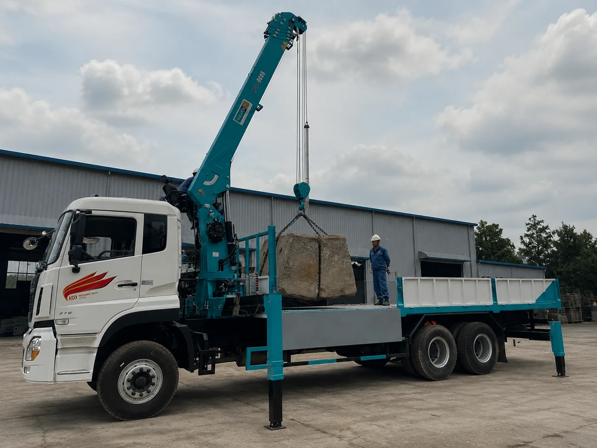 xe 3 chân đang kê chân chống làm việc của xe tải gắn cẩu 8 tấn