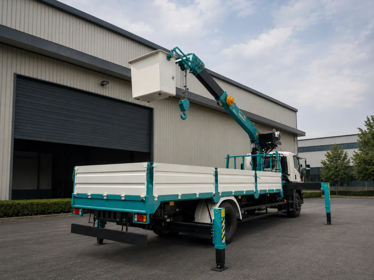 ngang thân xe, nhìn rõ chiều dài thùng 7.200mm và cụm cẩu lắp sau cabin