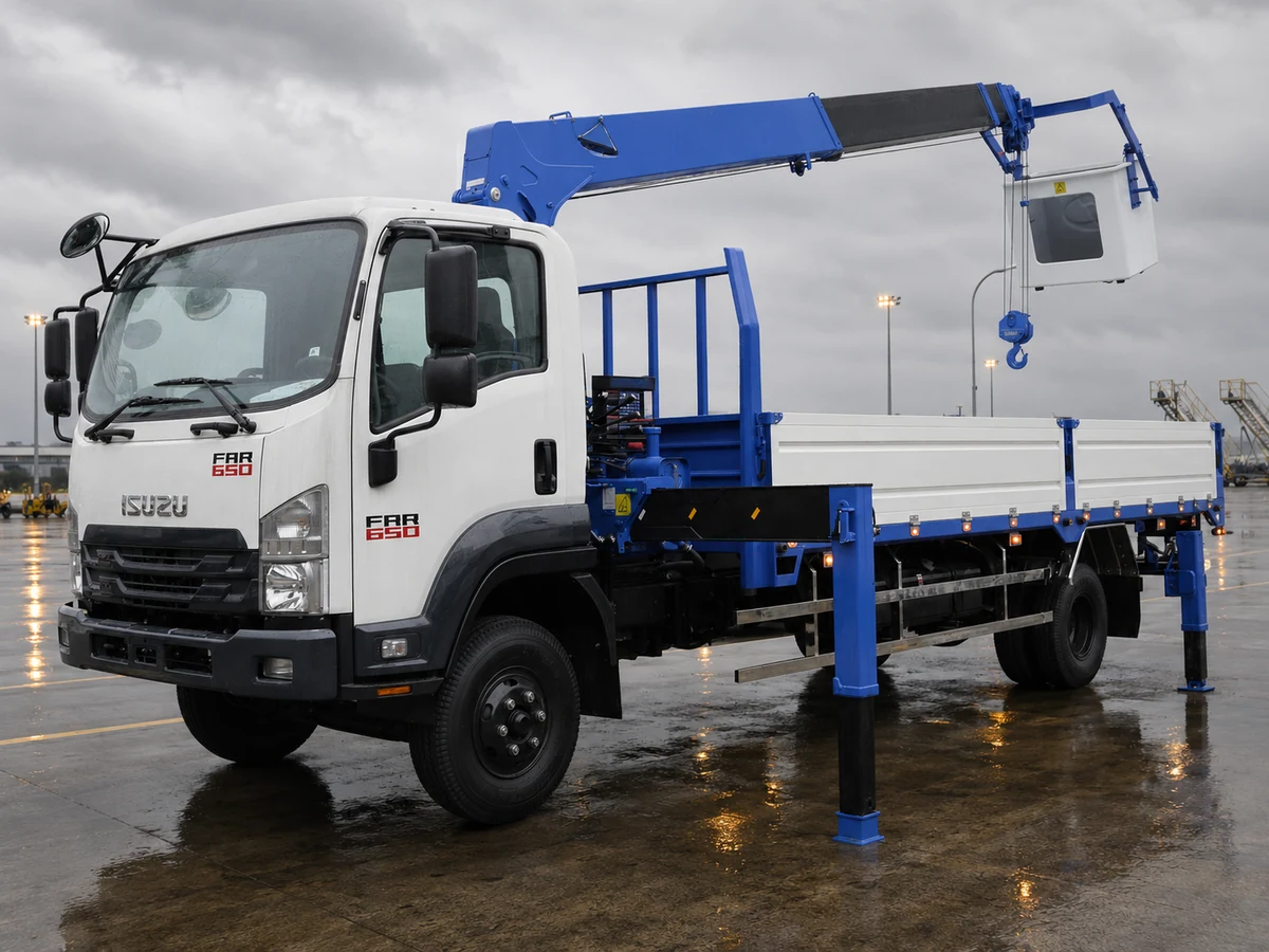 Xe tải gắn cẩu có giỏ trong vùng làm việc được kiểm soát