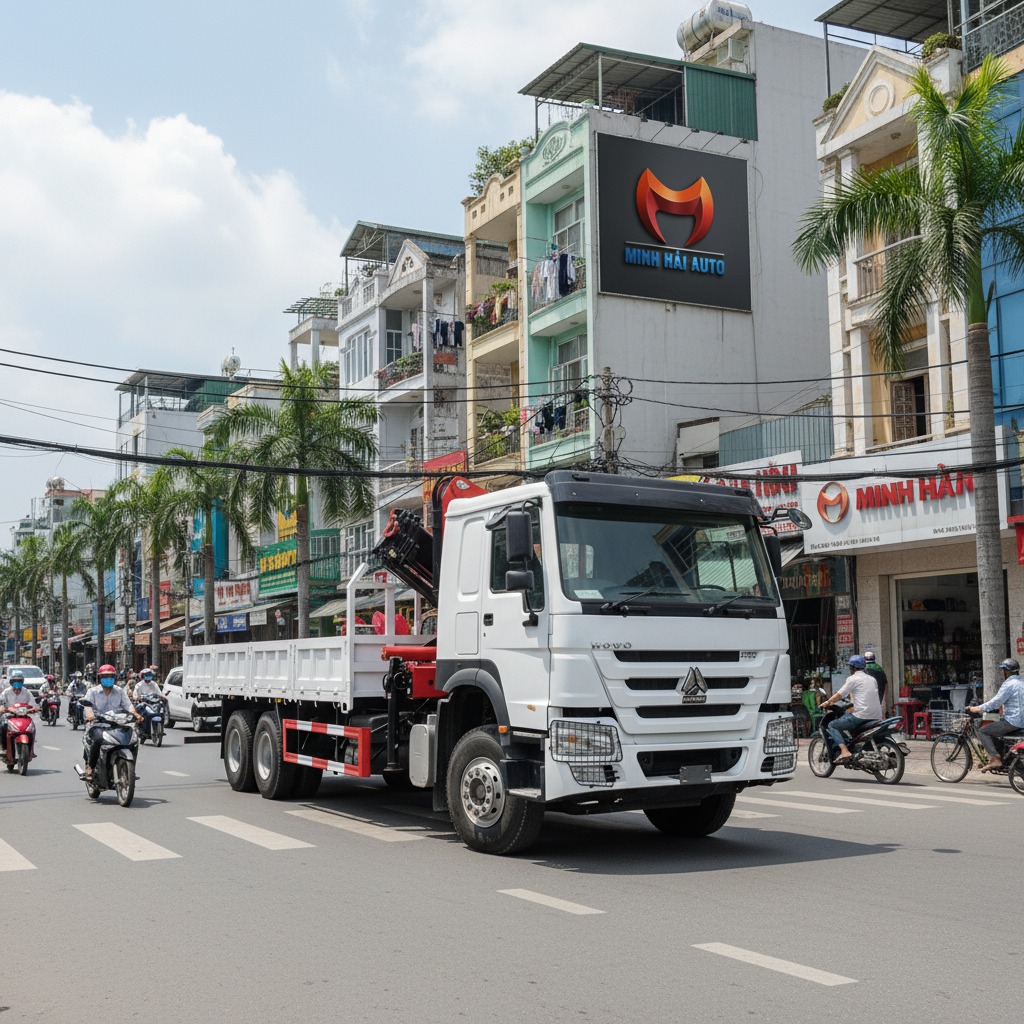 Xe tai HOWO 6x4 400HP gan cau gap Palfinger PK23500 10 tan voi 5 dot can dang vuon ra.