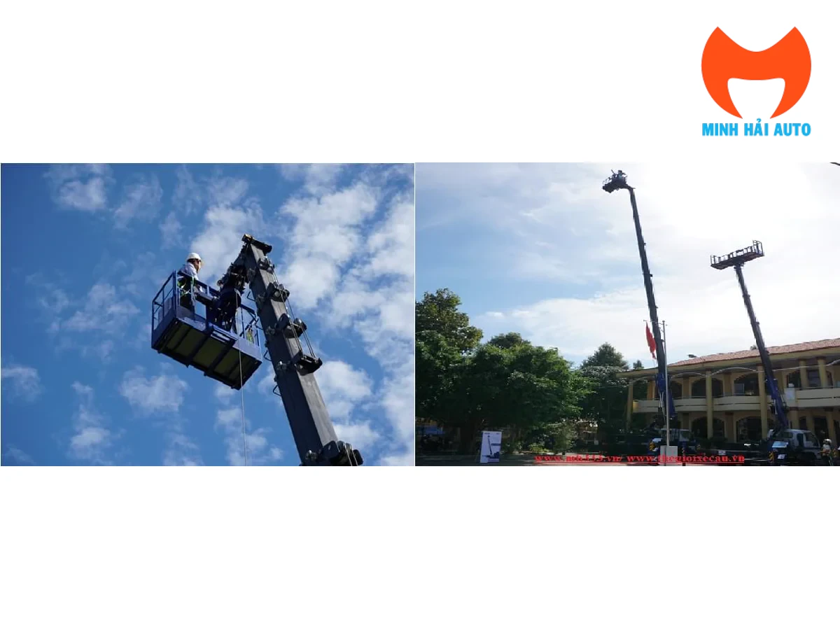 Xe thang nâng người Dasan làm việc trên cao trong khuôn viên công trình