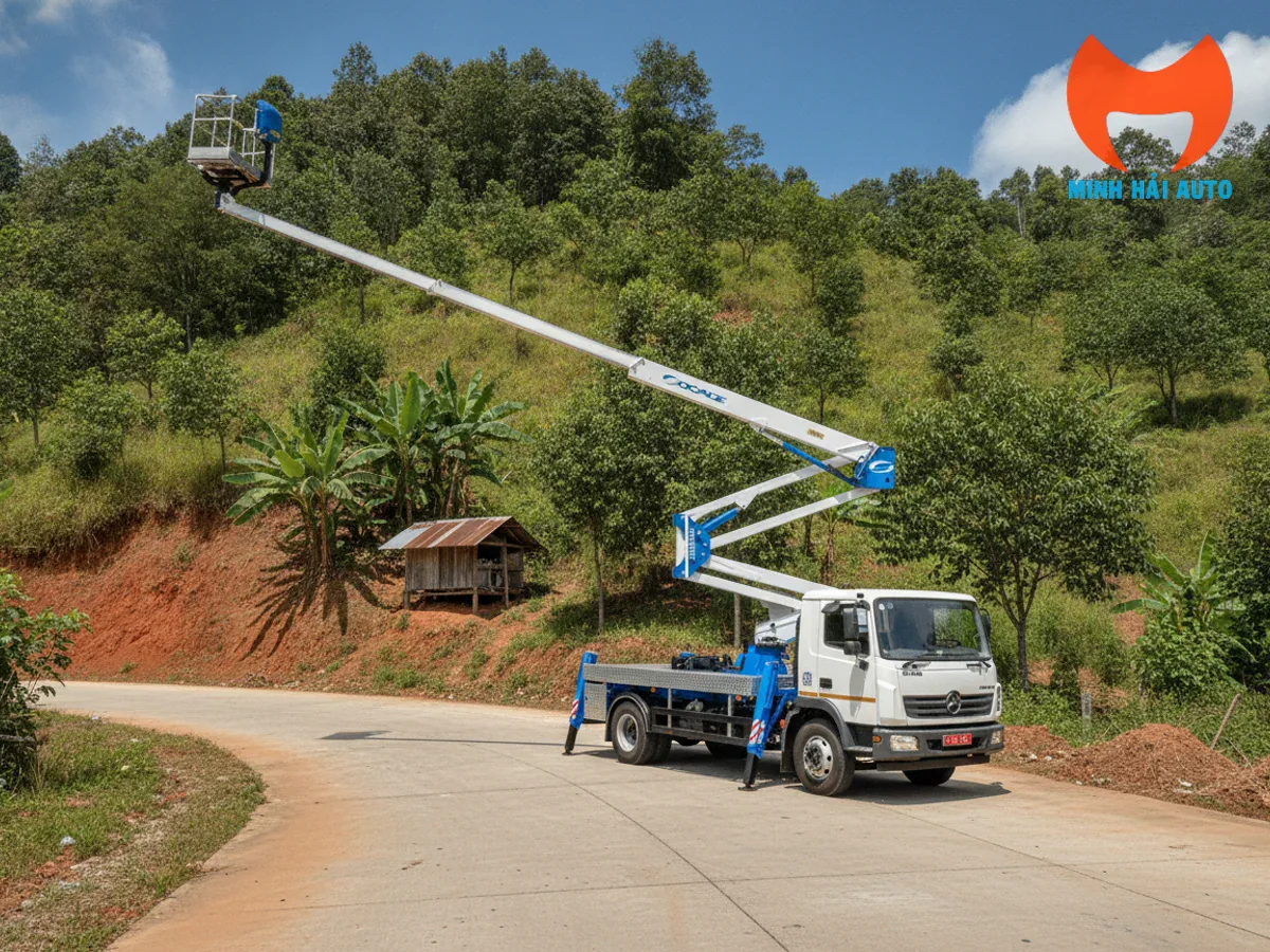 Xe thang nâng người 24m chân chống mở