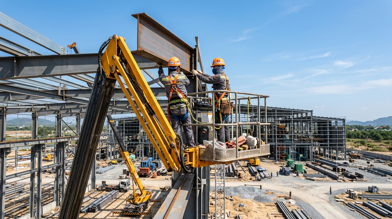 Xe nâng người boom lift làm việc trên cao tại dự án xây dựng