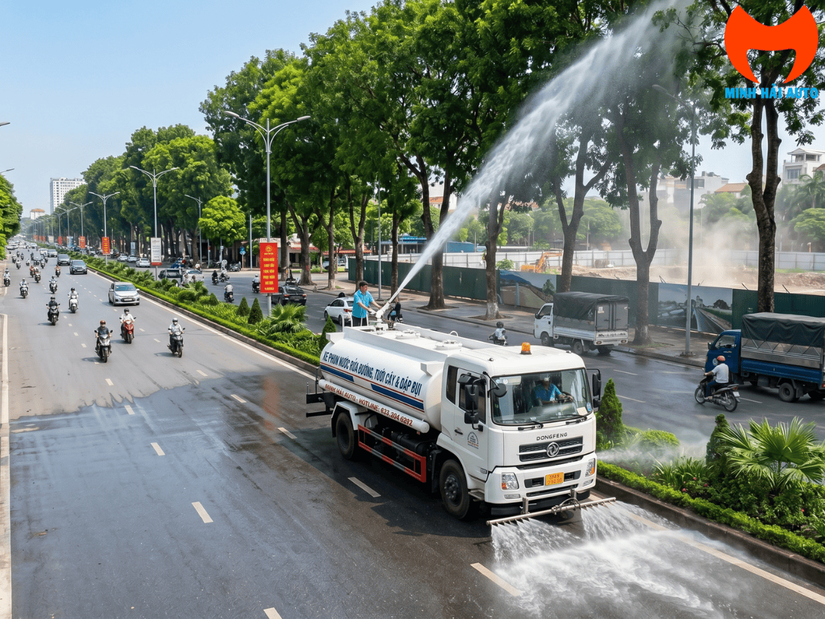 Xe Phun Nước Rửa Đường Tưới Cây Hino đang tưới cây