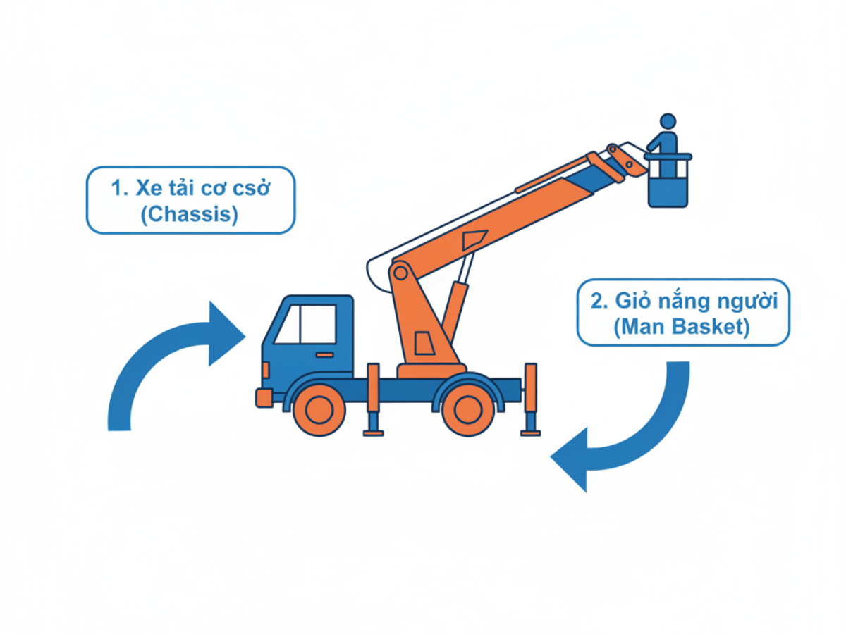 Xe tải gắn cẩu có giỏ nâng người cấu tạo chassis và man basket