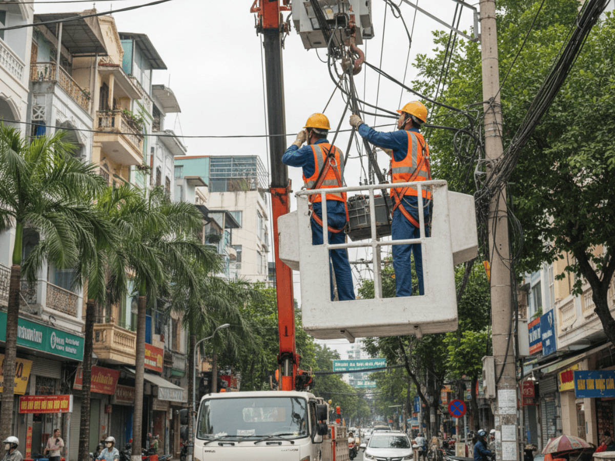 Xe tải gắn cẩu có giỏ nâng người thi công điện trên cao