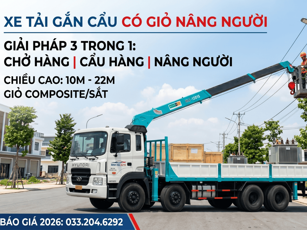 Xe tải gắn cẩu có rổ nâng người
