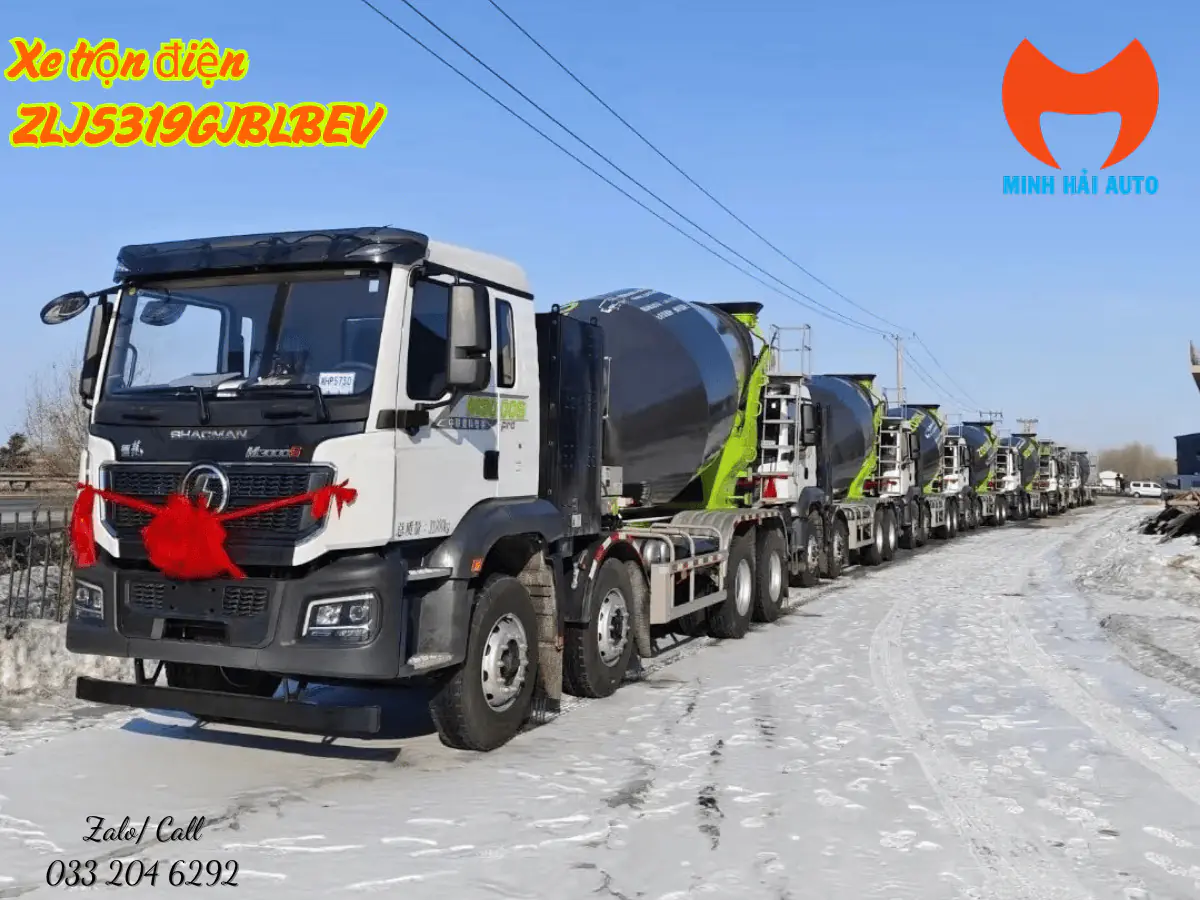 Dãy xe trộn bê tông điện Zoomlion nhìn chéo từ phía trước