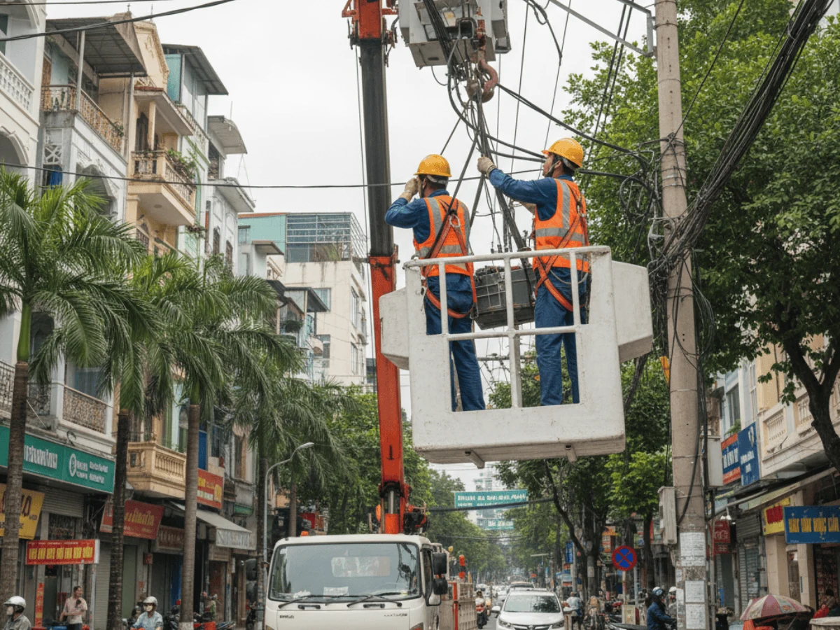 Giỏ nâng người với khóa an toàn và dây treo trên xe cẩu