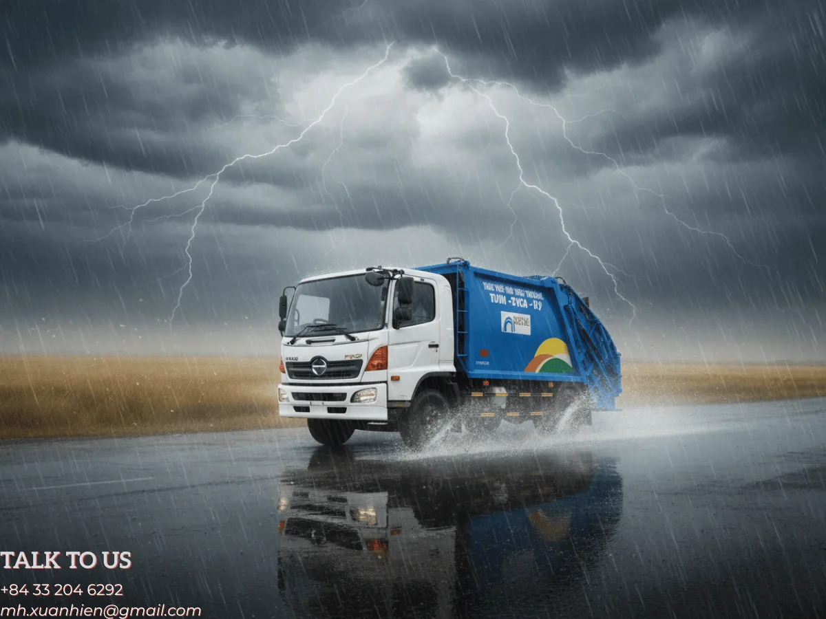 Xe cuốn ép rác Hino 9 khối cabin trắng thùng xanh nhìn góc 3/4